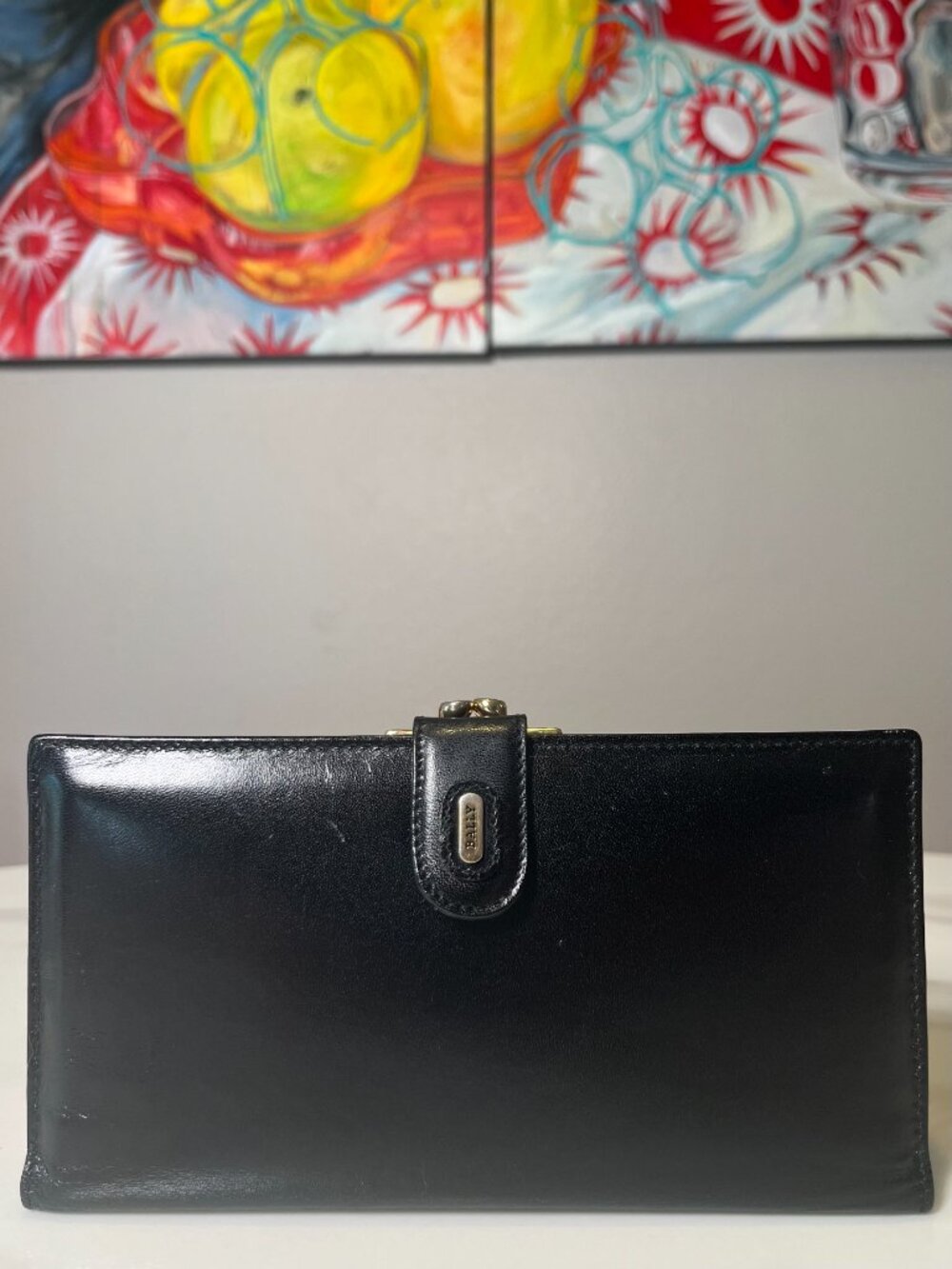 Bally Black Leather Gold Kiss Lock Vintage Continental Wallet Made in Italy